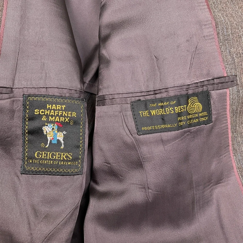 Hart Schaffner Marx Suit Mens 44R 36W Brown Geigers‎ Pinstripe Wool